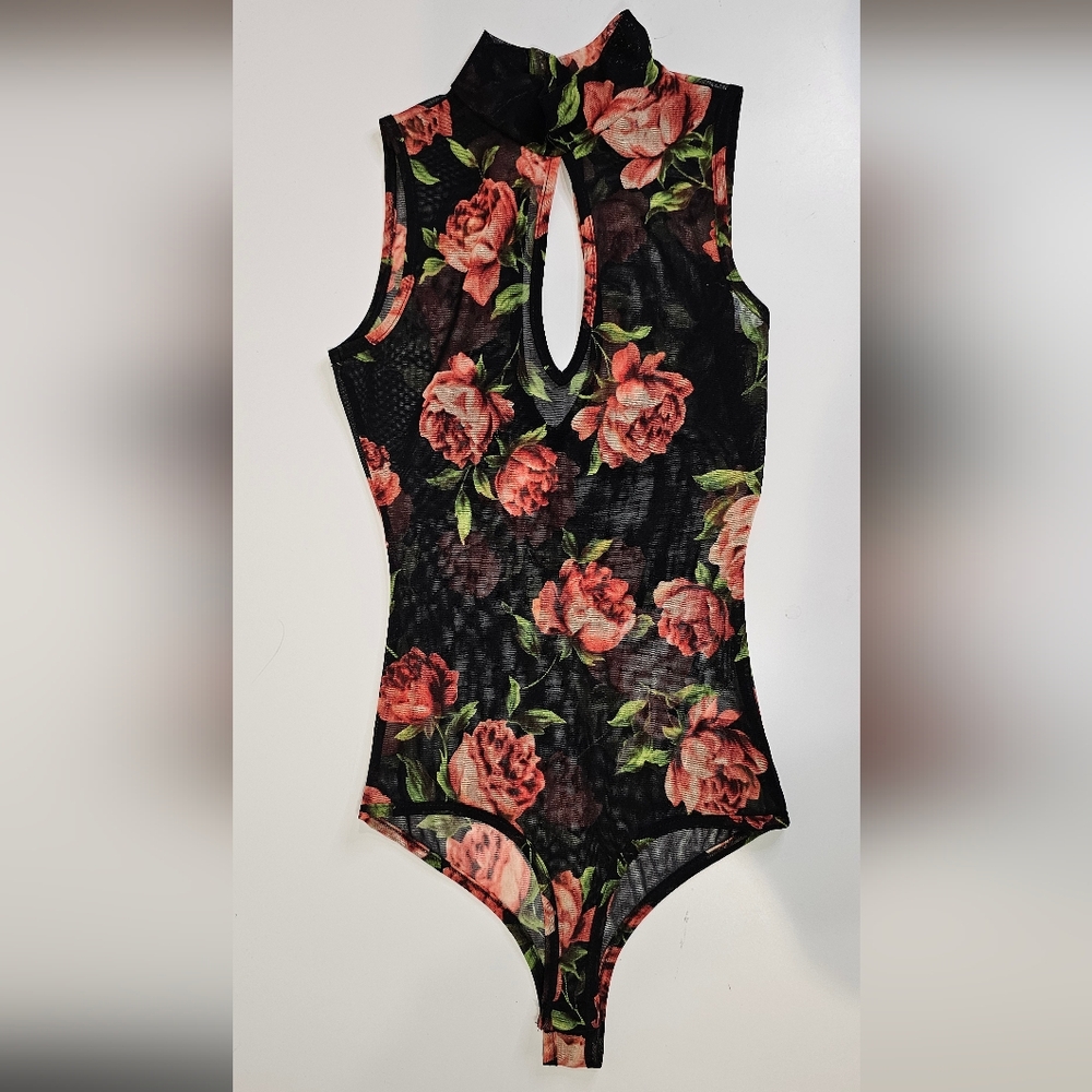 A'GACI Floral Mesh Keyhole Bodysuit Women's Size S
